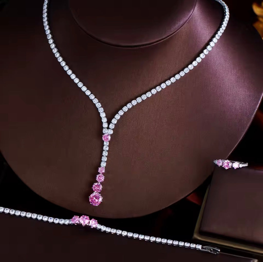 Luxury Pink Cubic Zirconia Jewelry Set for Women – 4-Piece Silver Plated Bridal Necklace, Drop Earrings, Tennis Bracelet & Adjustable Ring