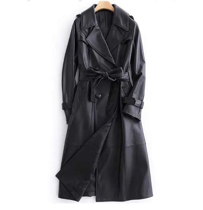 Black Long Tie Double Breasted Leather Wind Coat - JNi3 shop