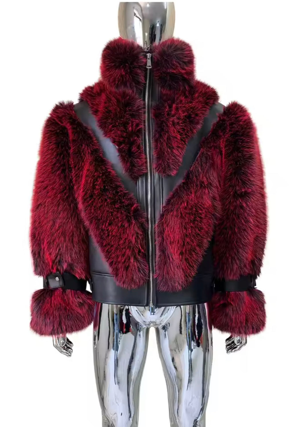Men's Luxury Faux Fur & Leather Bomber Jacket – Winter Statement Outerwear with Stand Collar & Buckle Cuffs