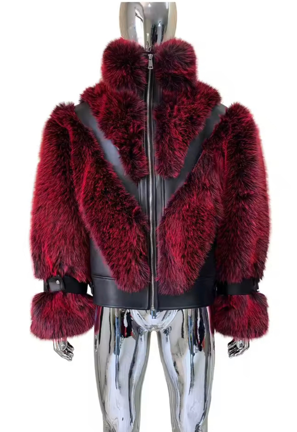 Men's Luxury Faux Fur & Leather Bomber Jacket – Winter Statement Outerwear with Stand Collar & Buckle Cuffs