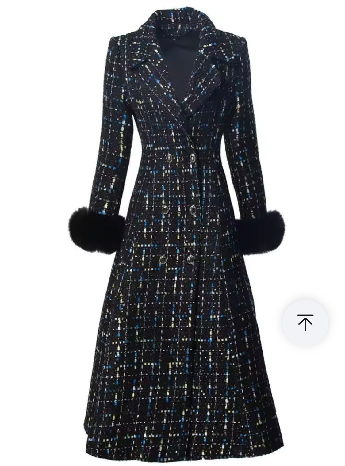Women’s Long Tweed Plaid Trench Coat, Double-Breasted Winter Overcoat with Faux Fur Cuffs, Elegant Vintage Midi Jacket