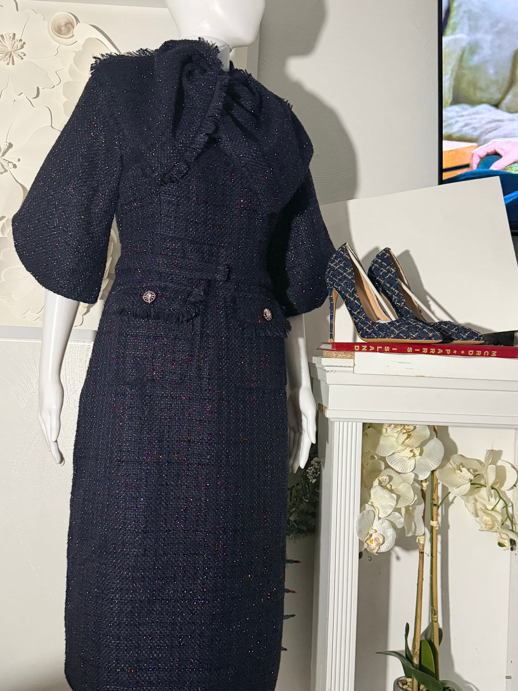 Navy Blue Tweed Belted Midi Dress and Pointed-Toe 12cm Stiletto Pump Set | 2-Piece