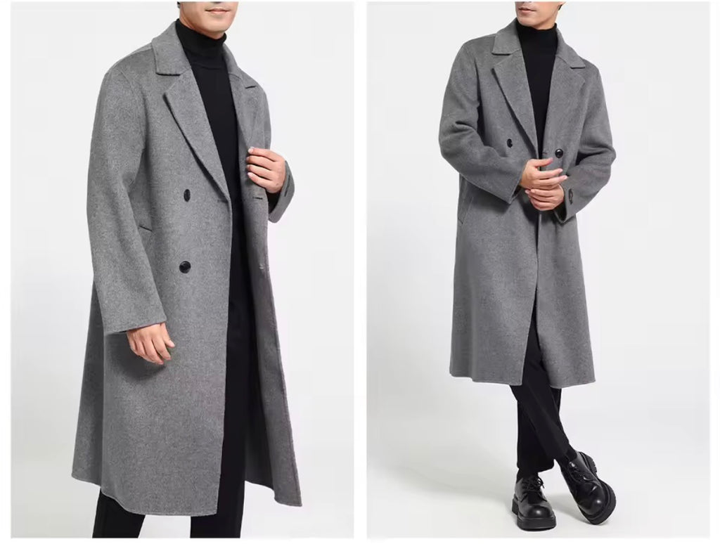 Men's 100% Cashmere Coat]Long Double Sided Overcoat]Classic Double Breasted Winter Trench Jacket]Formal Luxury Outerwear