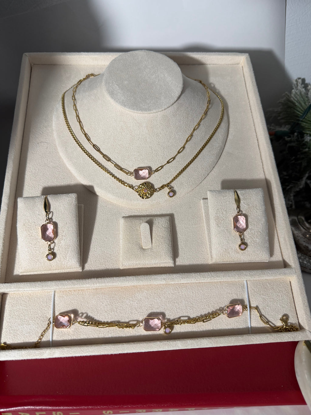 18k Gold PVD Birth Month double layered pendant Necklace, Bracelet and Earrings 3 pce set.