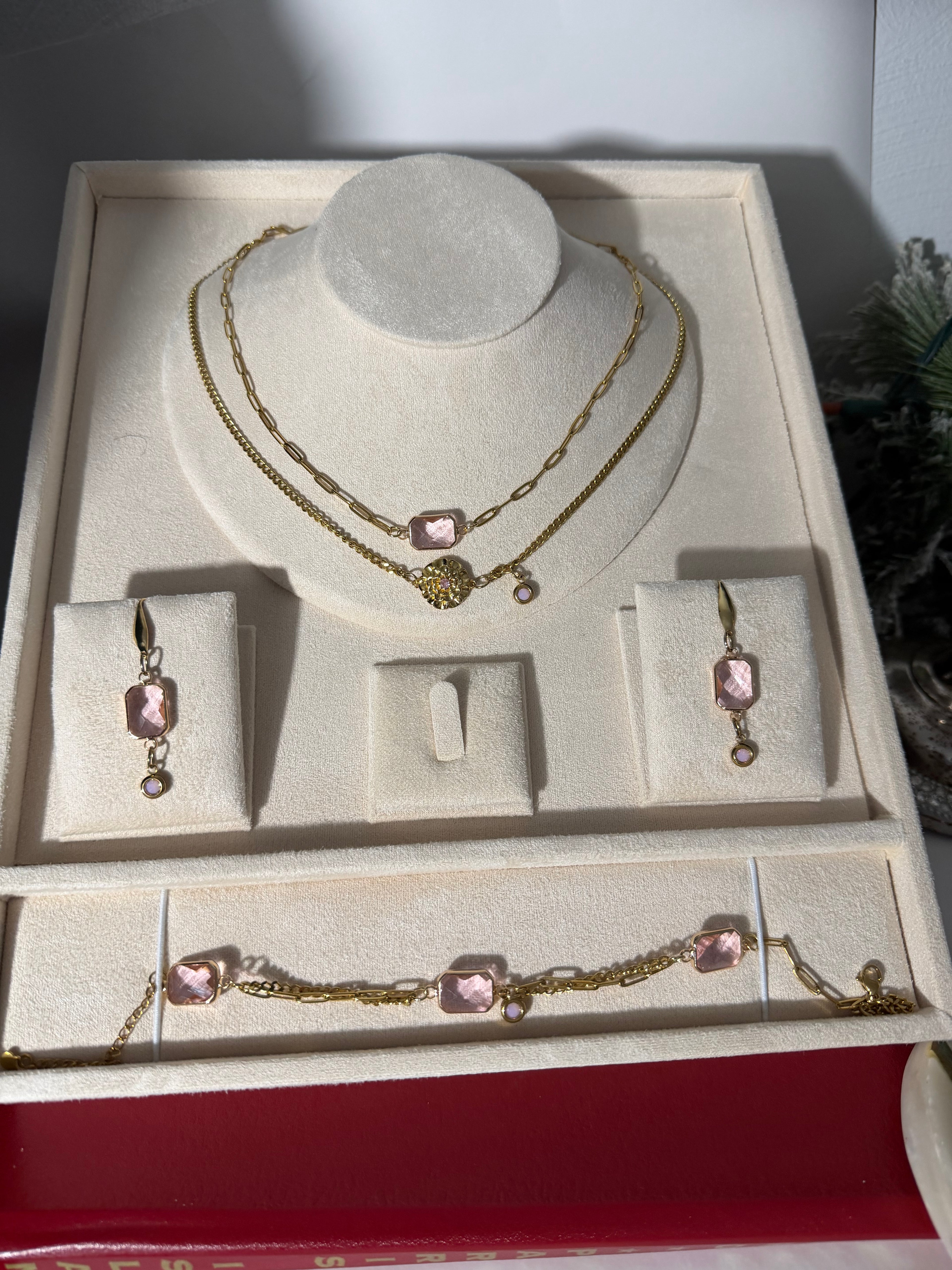 18k Gold PVD Birth Month double layered pendant Necklace, Bracelet and Earrings 3 pce set.