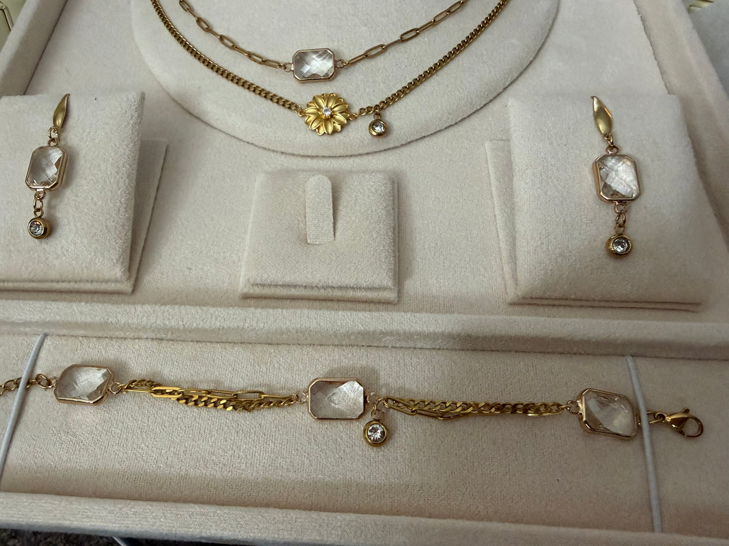 18k Gold PVD Birth Month double layered pendant Necklace, Bracelet and Earrings 3 pce set.