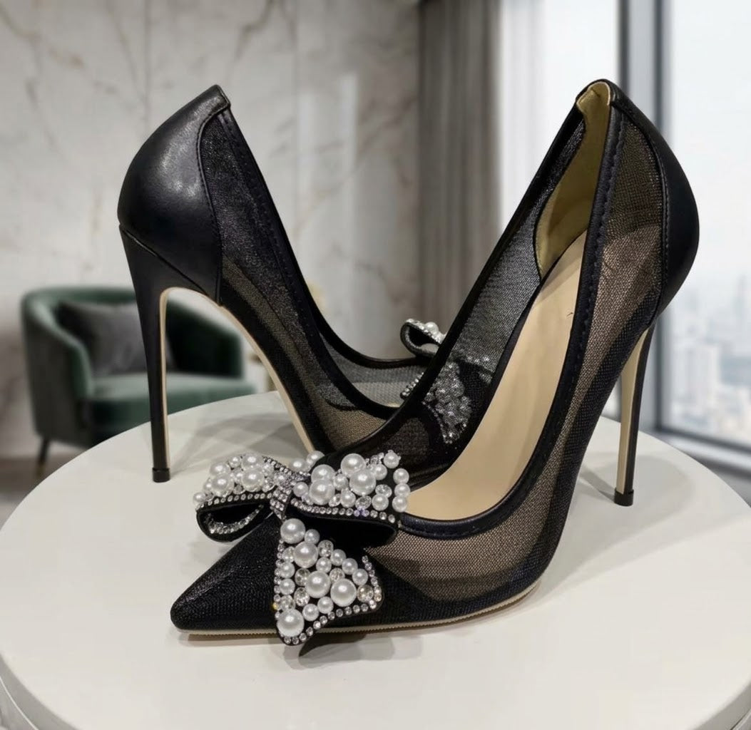 Black Lace Mesh High Heels with Bow Accents | Pointed Toe Stiletto Pumps | Pearl, Rhinestone & Classic Lace Wedding & Evening Shoeshine