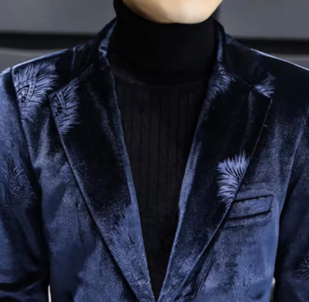 Men's Luxury Velvet Feather Embossed Longline Blazer | Slim Fit Mid-Length Tuxedo Jacket Coat in Black & Royal Blue