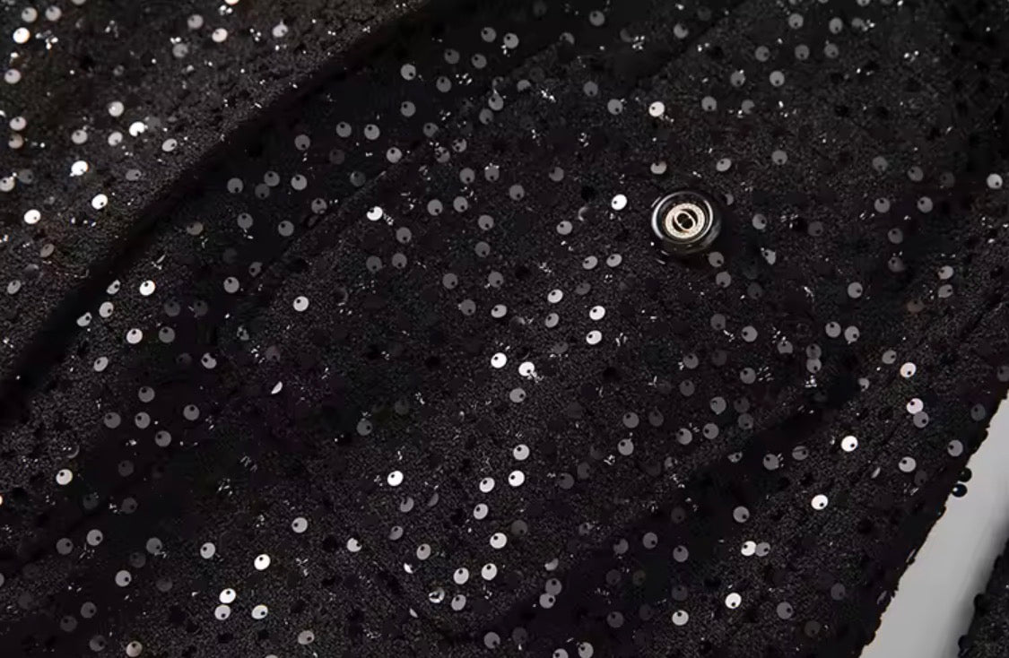 Elegant Sparkly Tweed Long Sequin Trench Belted Evening Overcoat with fur collar