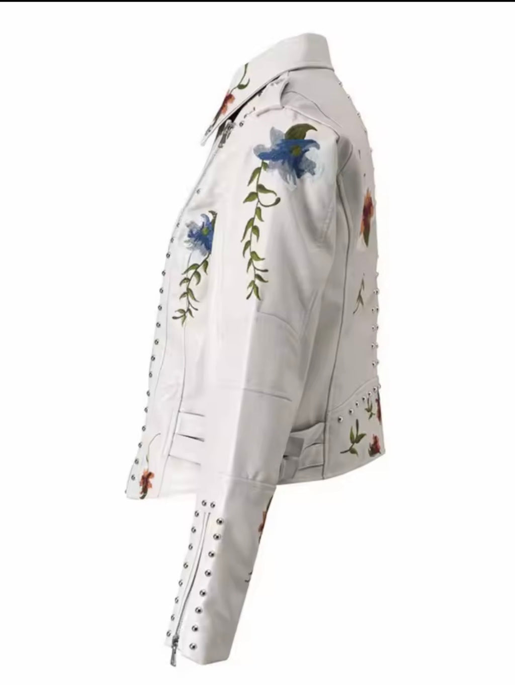 Women's Vintage Floral Embroidered Faux Leather Moto Jacket – Studded Asymmetric Biker Coat