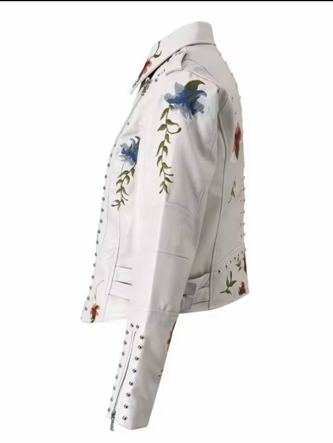 Women's Vintage Floral Embroidered Faux Leather Moto Jacket – Studded Asymmetric Biker Coat