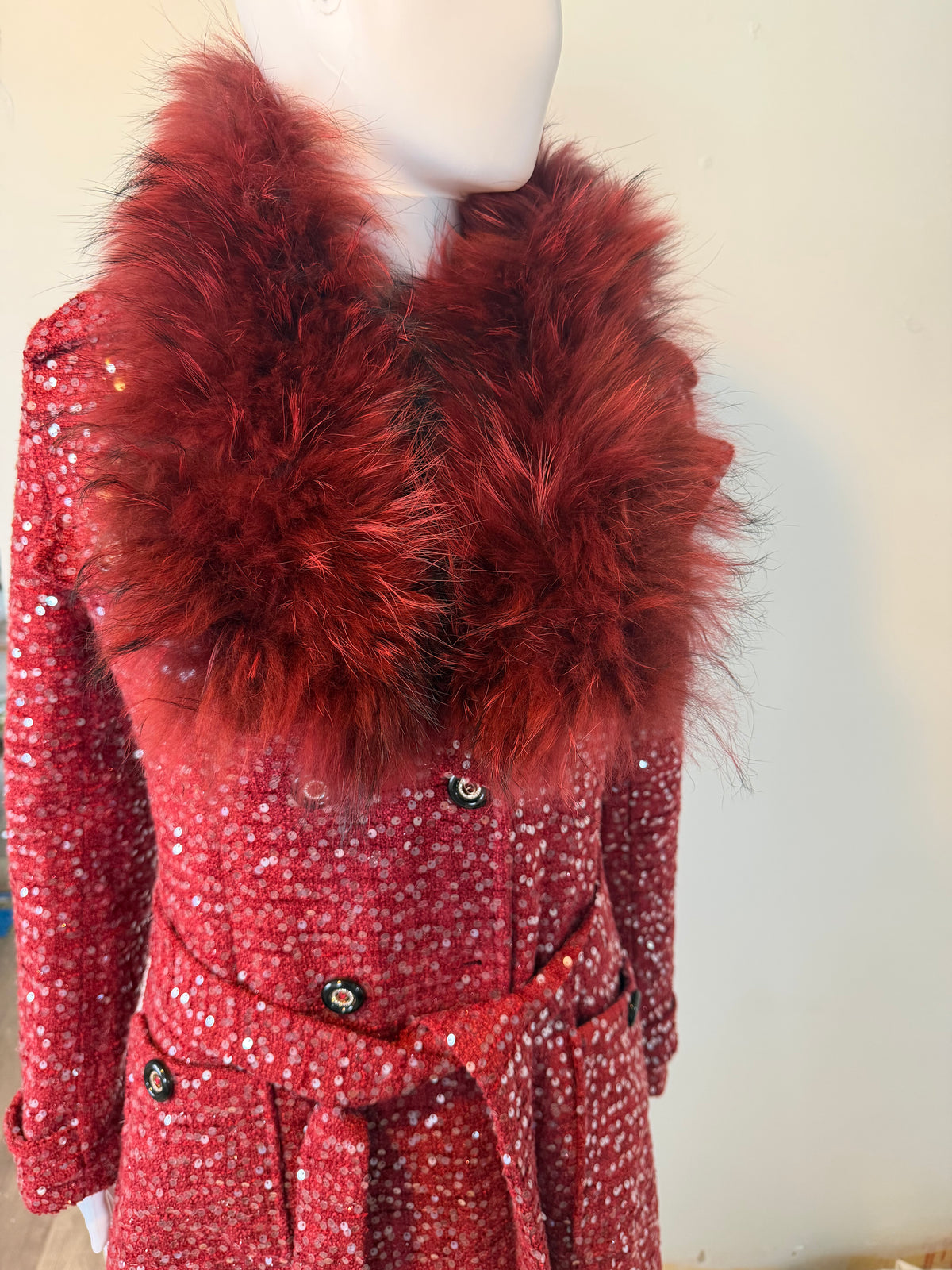 Elegant Sparkly Tweed Long Sequin Trench Belted Evening Overcoat with fur collar