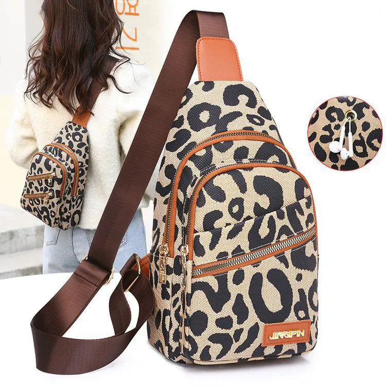 Leopard Print Sling Chest Bag With Headphone Jack Crossbody Backpack Shoulder Bag Women JNi3 shop