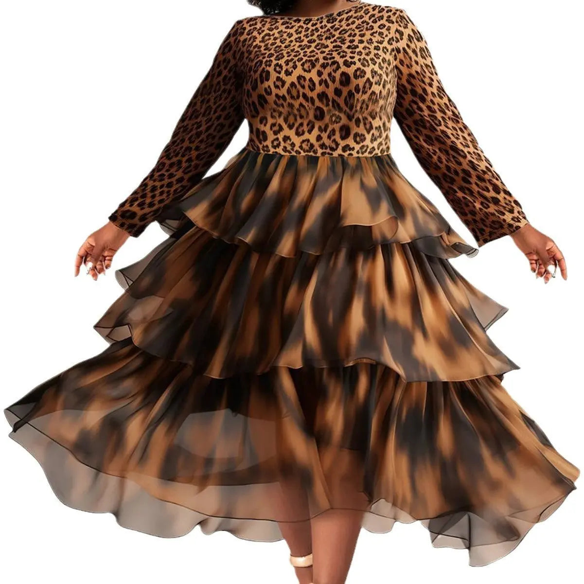 Elegant Leopard Print Cake Dress Plus Size Long Sleeve JNi3 shop