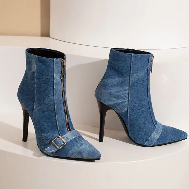 Belt Buckle Front Zipper High Heel Boots Dropshipman