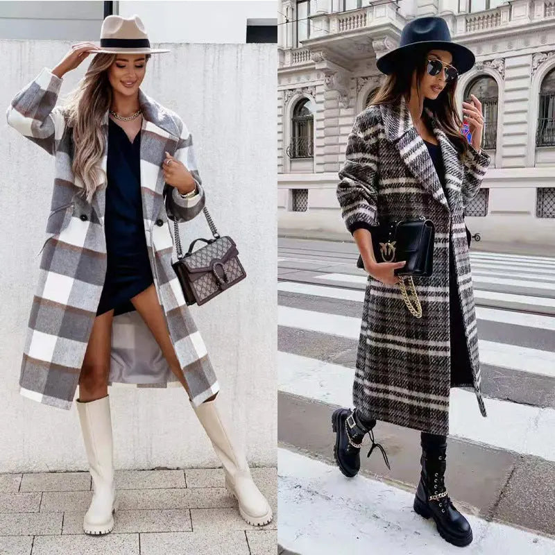 Checked Mid-length Coat Lapel Tie Woolen Coat - JNi3 shop