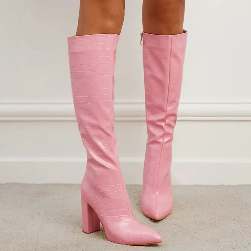 Fashion Boots Winter Pointed Toe High Square Heel Shoes With Side Zipper Mid-calf Boots Women Dropshipman