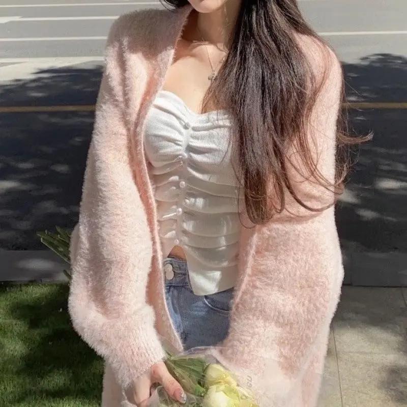 Mink-like Wool Cardigan Loose Size Thickened Mid-length Idle Style Knitted Coat JNi3 shop