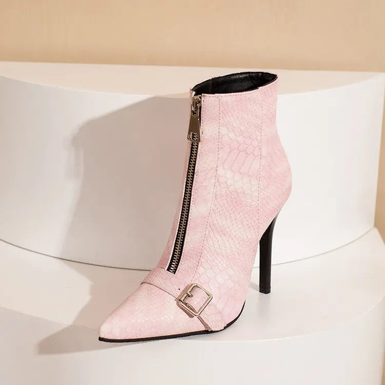 Belt Buckle Front Zipper High Heel Boots Dropshipman