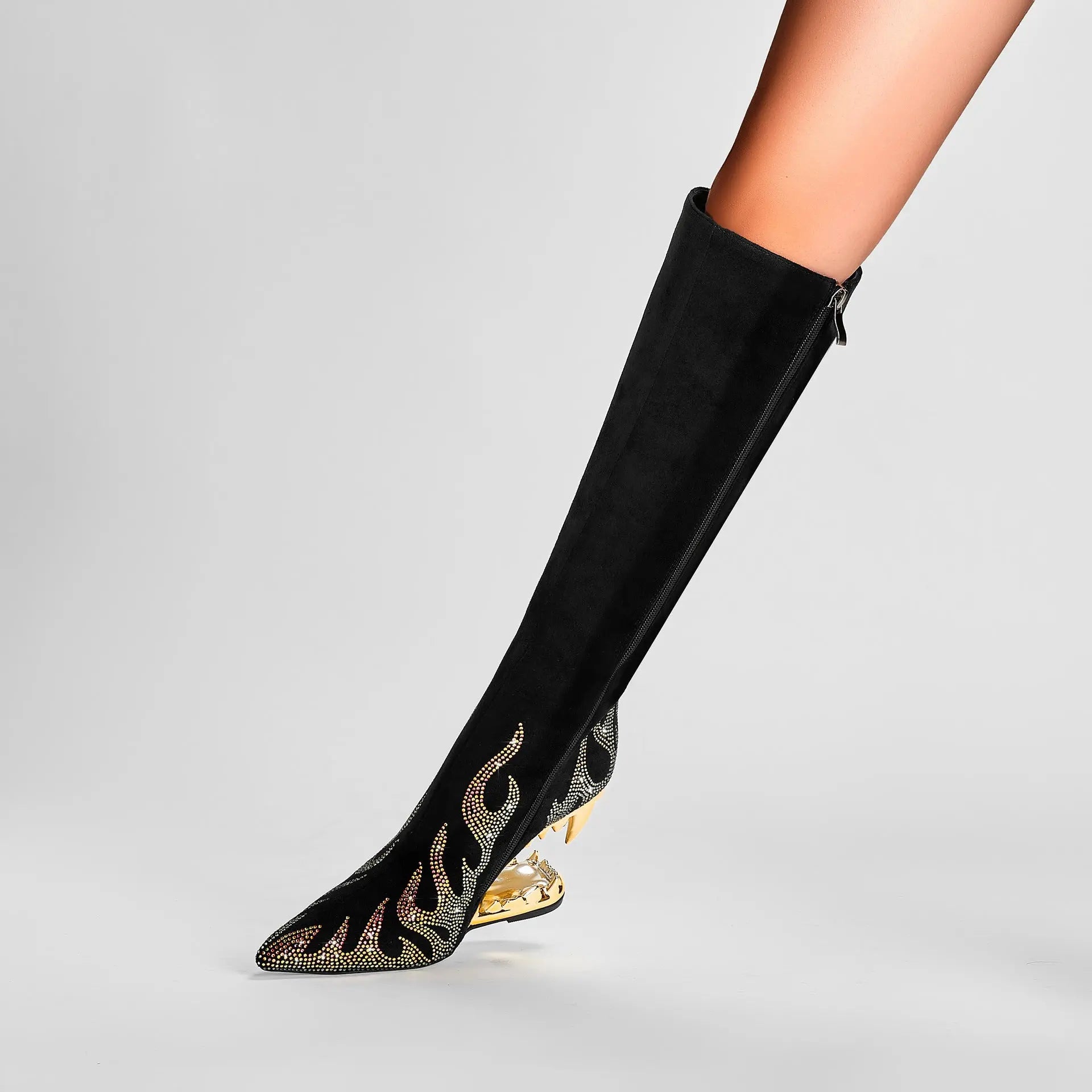 European And American Style Tiger Tooth Profiled Heel Skinny Stretch Boots Rhinestone Flame Dropshipman