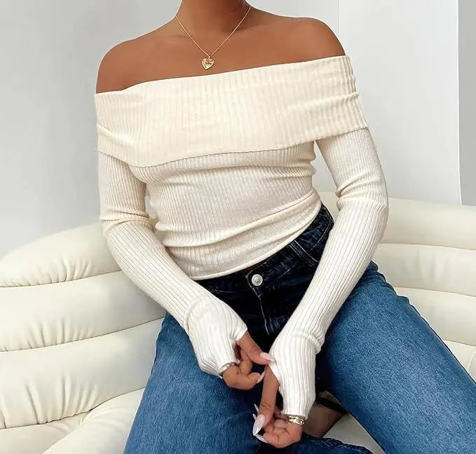 Women's Off-shoulder Solid Color Slim Fit Top JNi3 shop