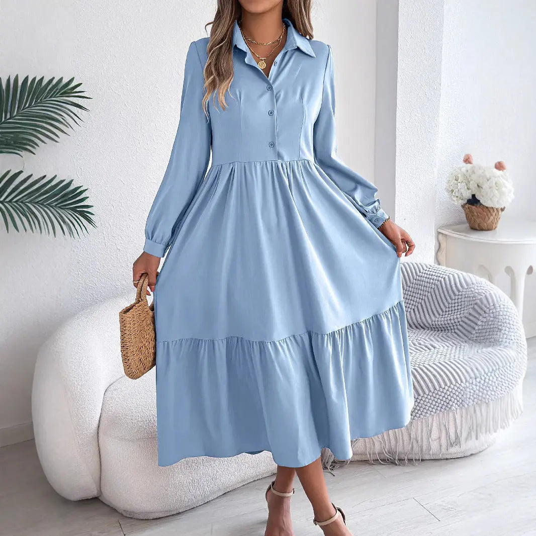 Women's Lapel Casual Loose Long Sleeve Ruffled Shirt Dresses JNi3 shop
