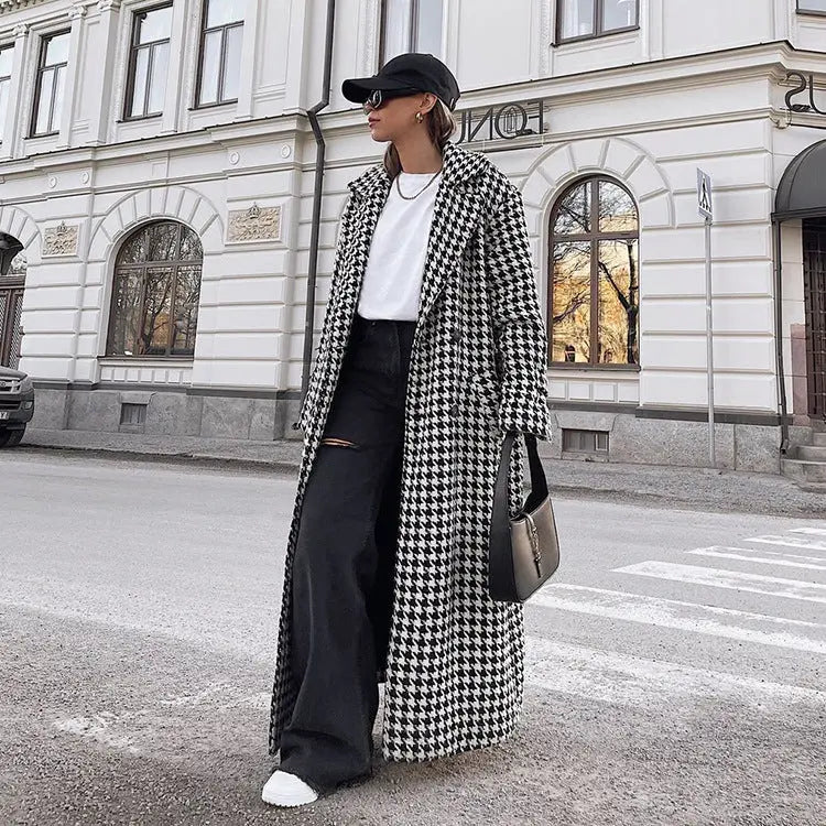 Houndstooth Long Trench Coat High-end And Fashionable Coat For Women - JNi3 shop