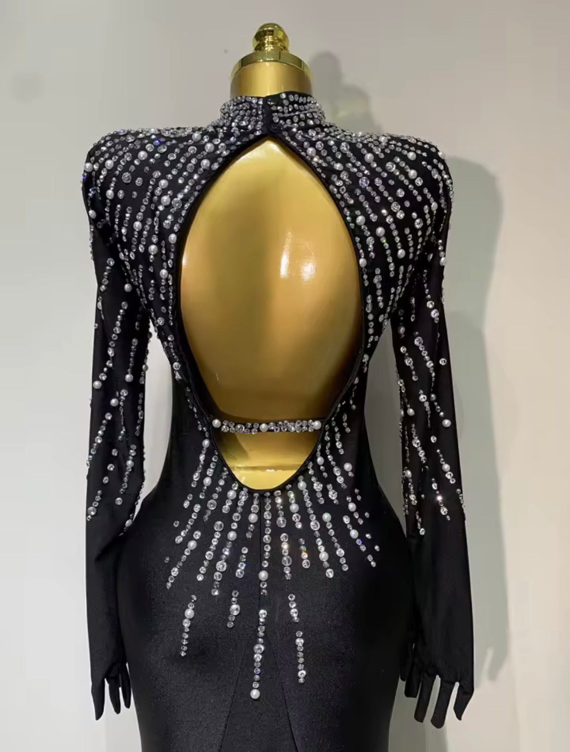 Luxury Black Rhinestone Evening Gown with Gloves, Crystal Embellished Mermaid Dress, High Neck Open Back Formal Gala Dress, Birthday Prom Dress