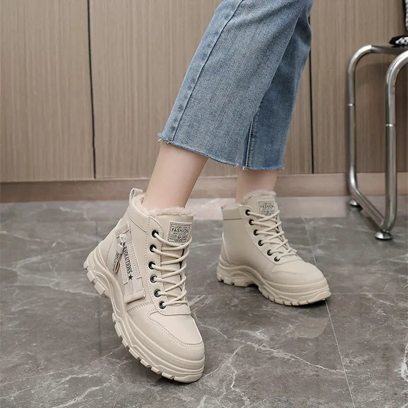 Fleece Lace-up Boots Winter Warm Short Plush High-top Shoes Cjdropshipping