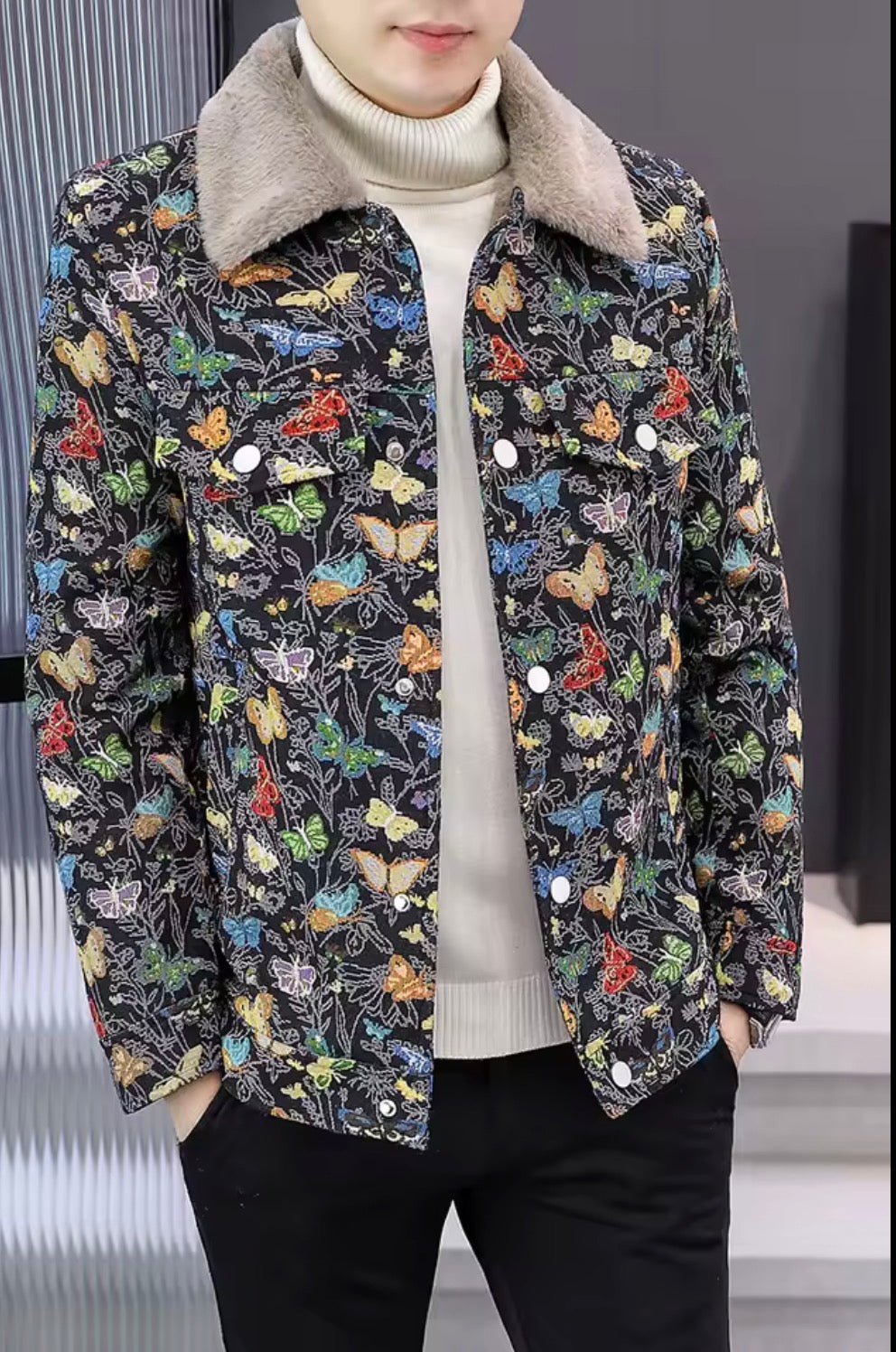 Men's Butterfly Print Winter Jacket with Faux Fur Collar | Warm Plush Fleece Lined Trucker Jacket