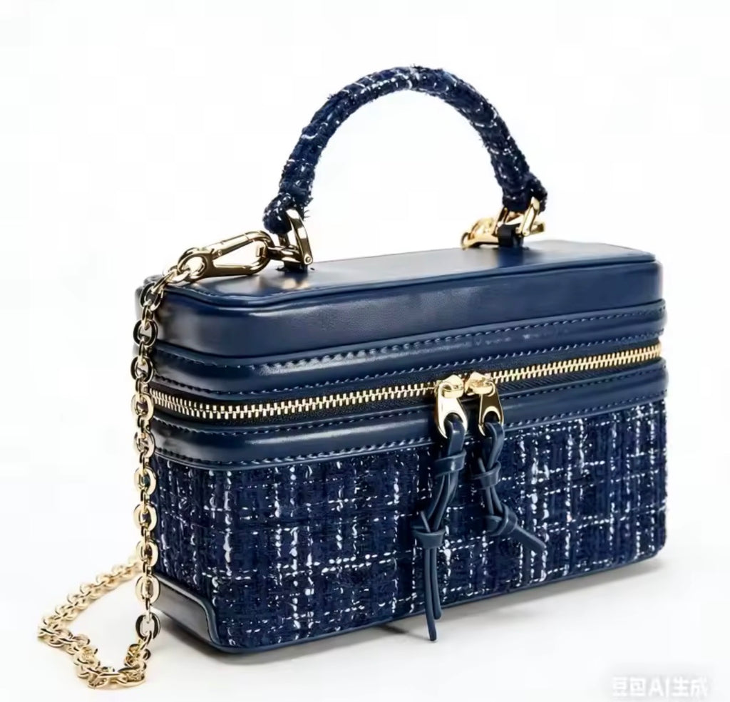 The Baroque Sapphire Complete Outfit Set | Navy Blue Tweed Bow-Tie Dress, Matching Stiletto Heels, Structured Vanity Handbag & Gold Birthstone Jewelry Set | Luxury Boutique Curated Collection