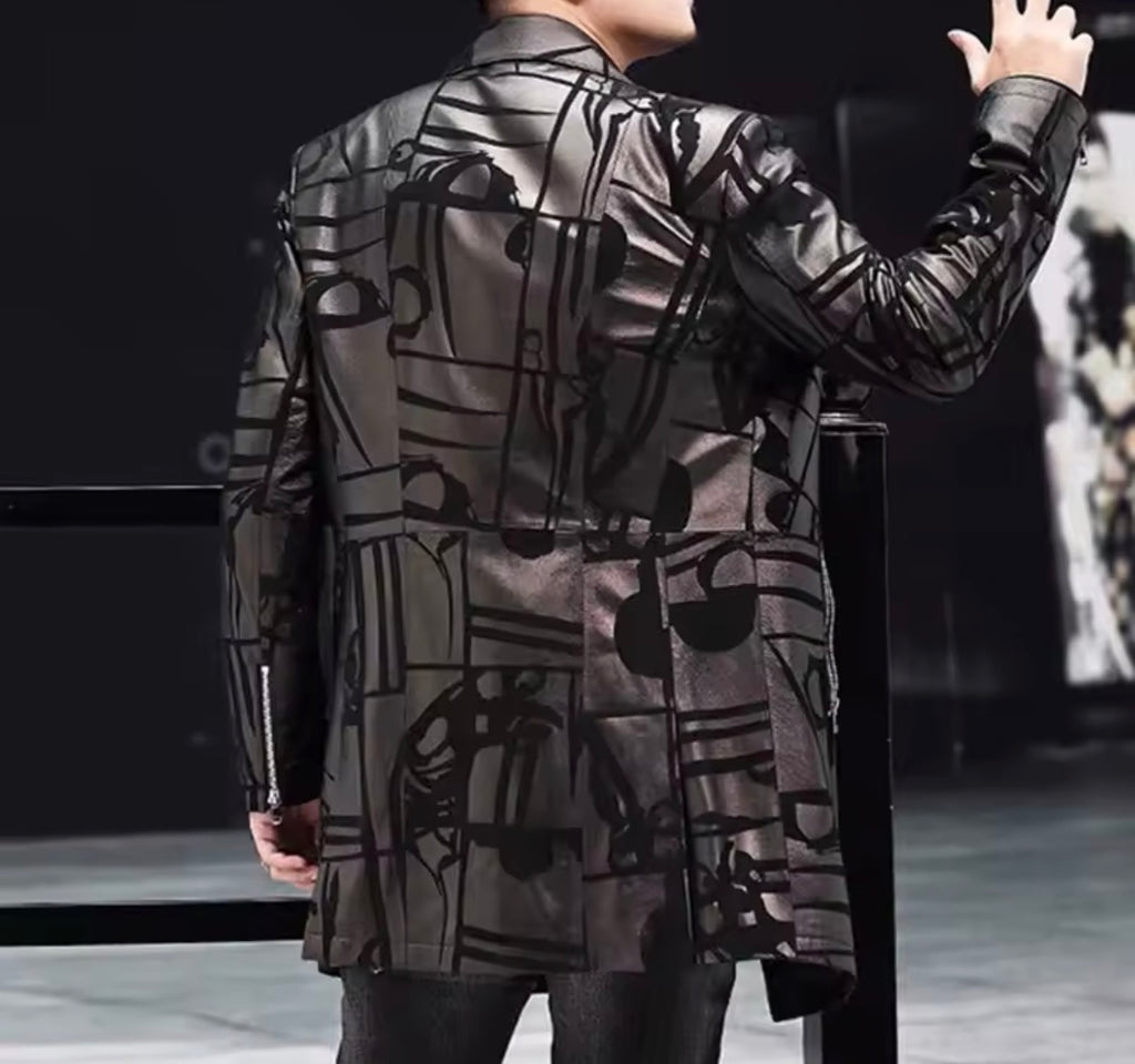 Men’s Genuine Sheepskin Leather Trench Coat – Black Graphic Print Real Leather Long Jacket