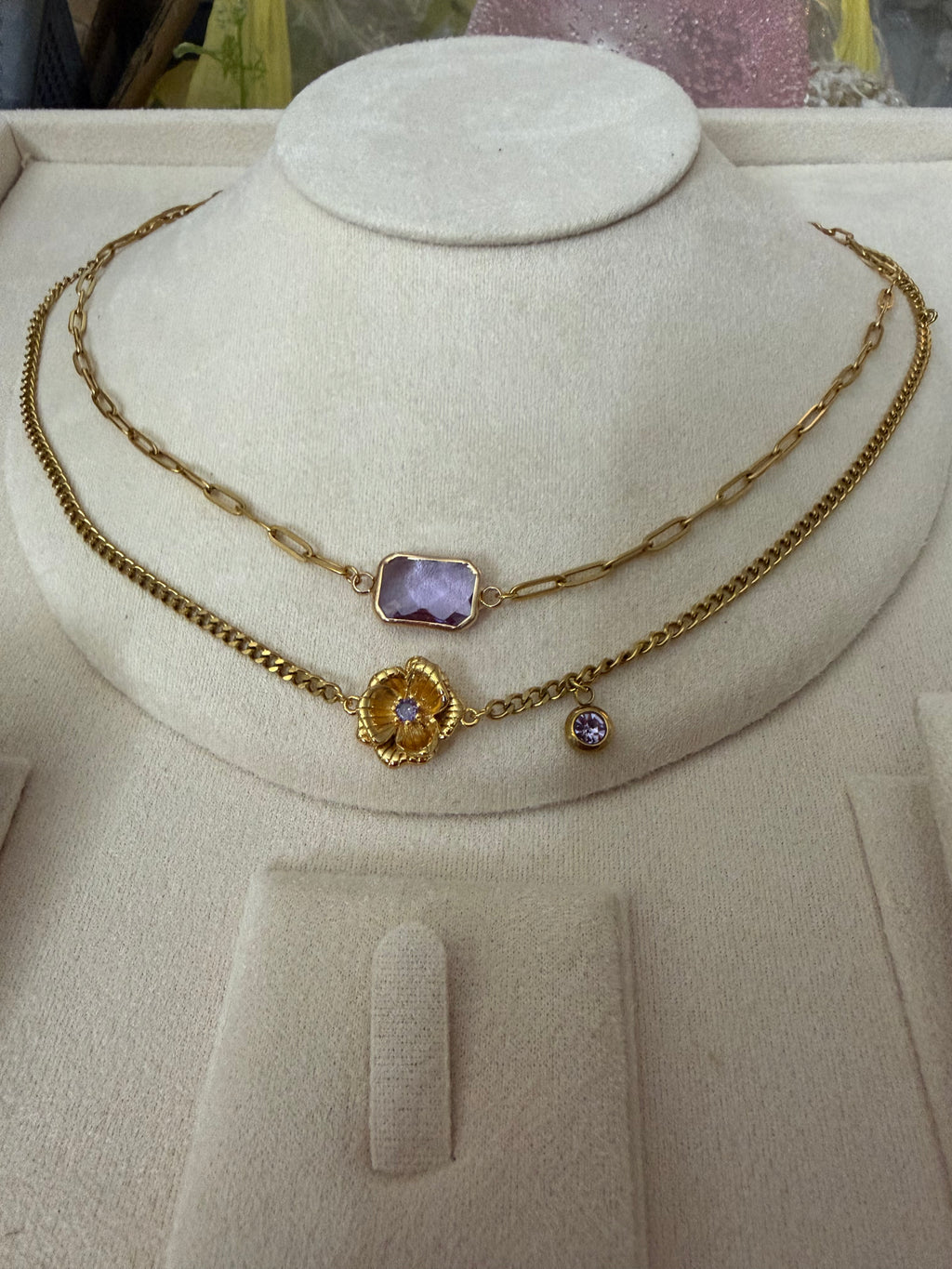 18k Gold PVD Birth Month double layered pendant Necklace, Bracelet and Earrings 3 pce set.