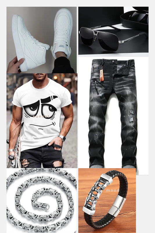 Men's black, gray jean anime shirt outfit