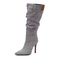Women's Slouchy Denim Mid-Calf Boots – Pointed Toe Stiletto High Heel