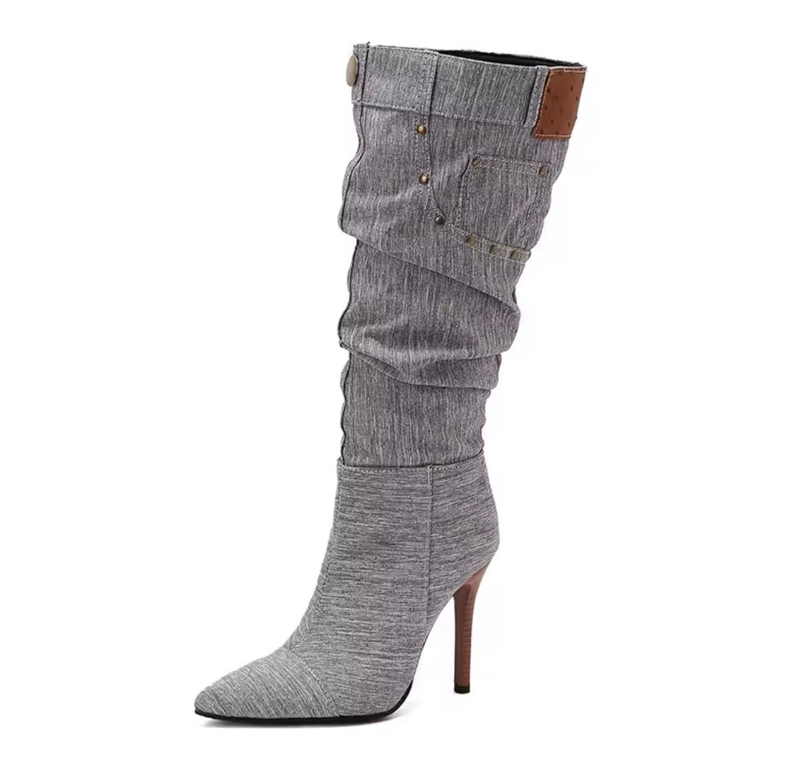 Women's Slouchy Denim Mid-Calf Boots – Pointed Toe Stiletto High Heel