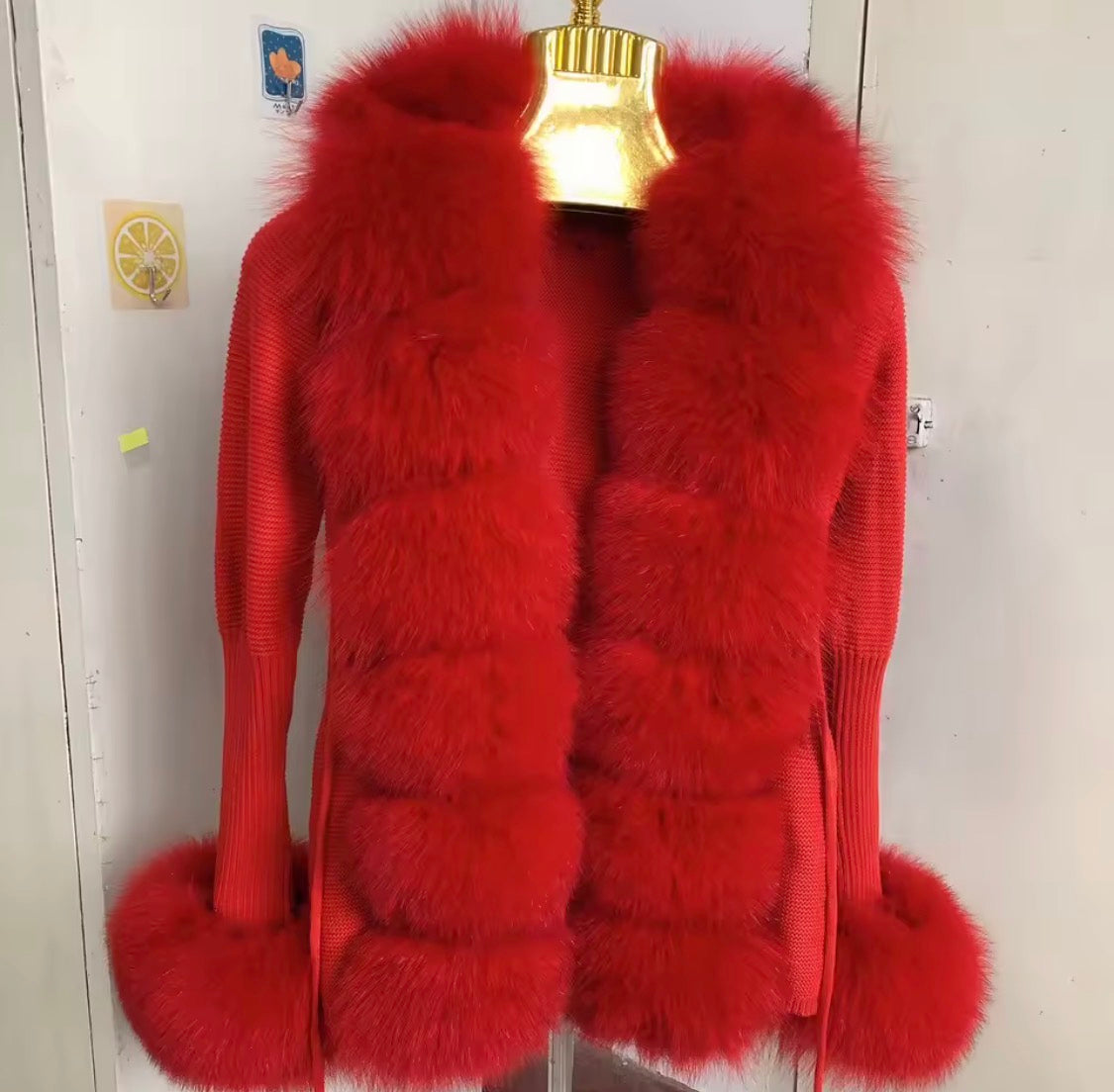 Luxury Real Fox Fur Cardigan with Sleeves & Cuffs | Handcrafted Knit Wool Blend Sweater with Genuine Fox Fur Trim