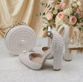 Pearl Bridal Shoe and Bag Set, White Pearl Block Heels, Round Pearl Clutch Purse, Wedding Shoes and Matching Handbag, Bridesmaid Gift