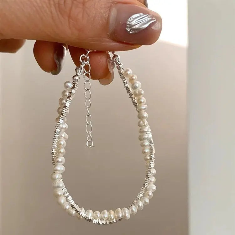 S925 Sterling Silver Natural Baroque Pearl Small Pieces Of Silver Double-layer Bracelet JNi3 shop