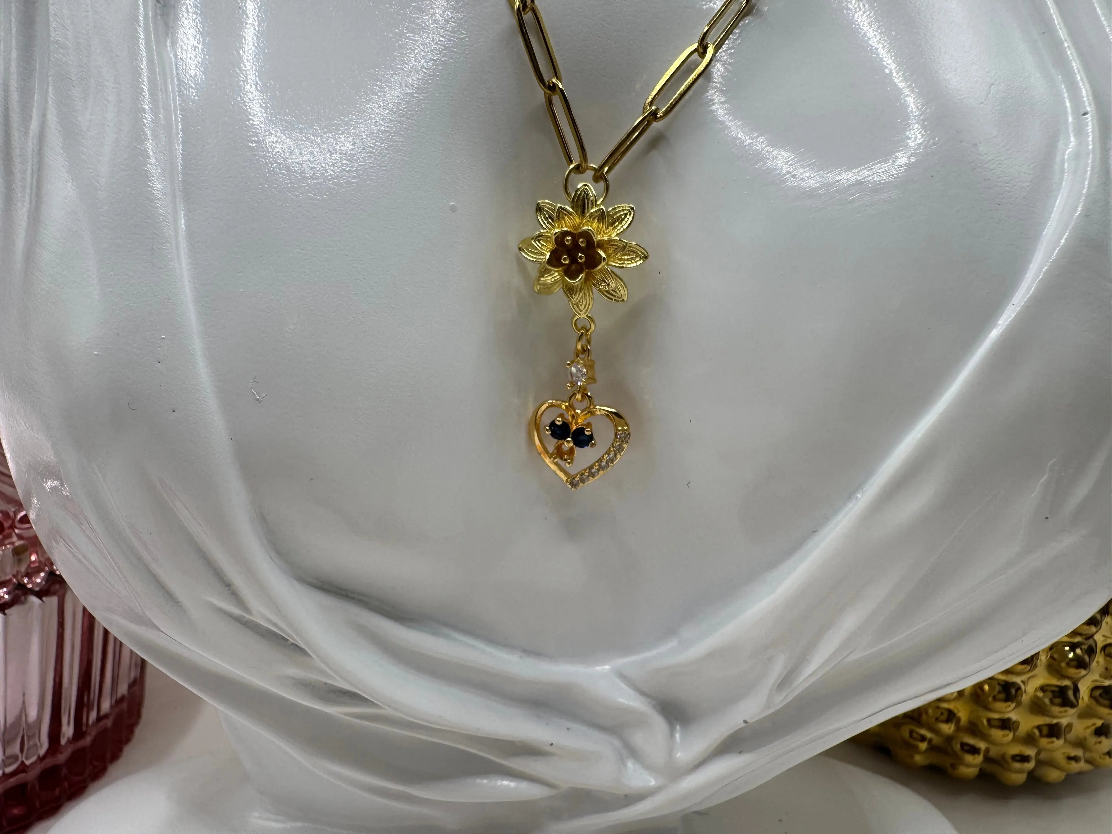 Blue Bloom Heart Drop – 18k Gold PVD Necklace with Floral Accent and Blue Crystal Heart Charm - JNi3 shop