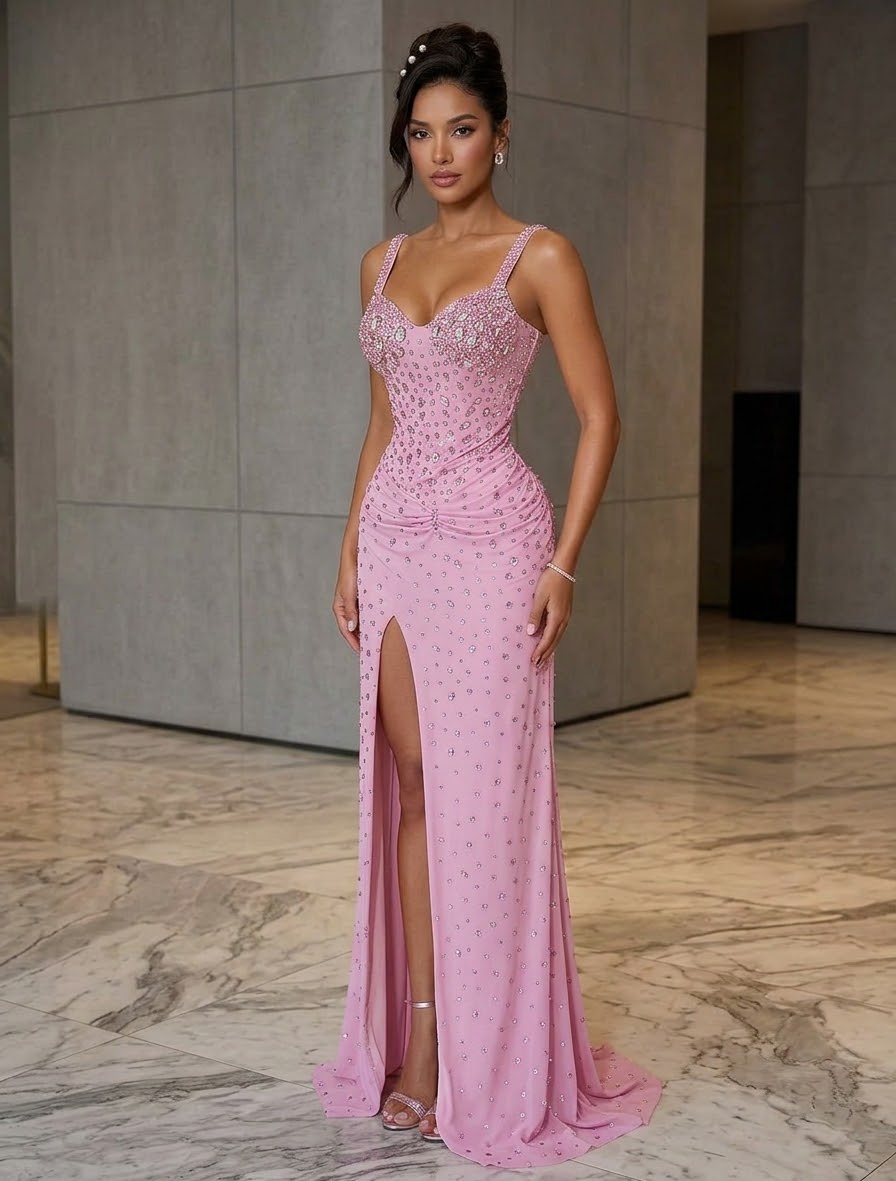 Pink Crystal Rhinestone Evening Gown, Formal Prom Dress, Glamour Bodycon Corset Maxi Dress, Sparkly Birthday Gala Dress, High Slit Gown