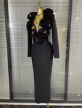 Luxury 3D Rose Floral Accent Long Sleeve Maxi Bandage Dress – Elegant Evening Gown