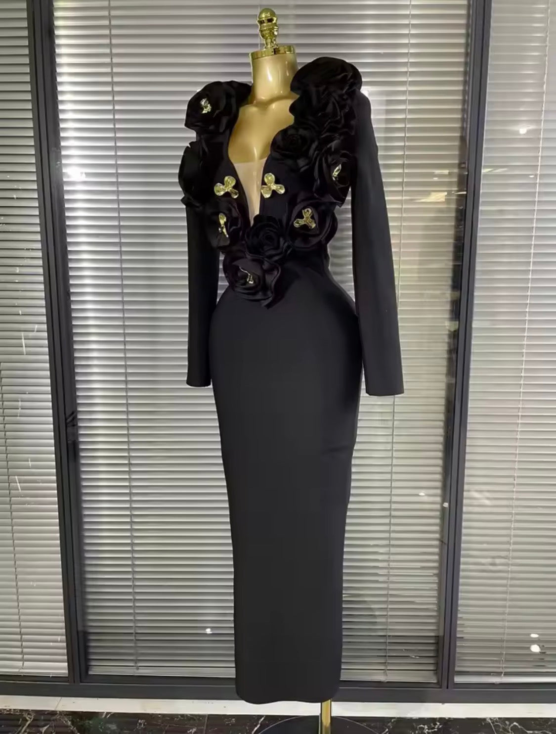 Luxury 3D Rose Floral Accent Long Sleeve Maxi Bandage Dress – Elegant Evening Gown