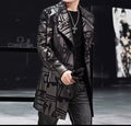 Men’s Genuine Sheepskin Leather Trench Coat – Black Graphic Print Real Leather Long Jacket