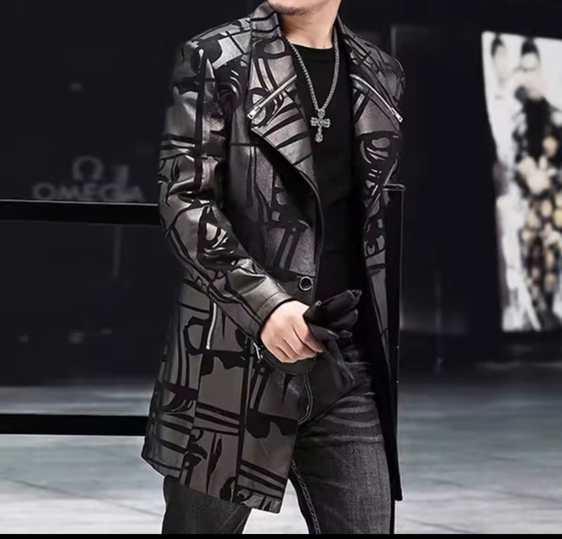 Men’s Genuine Sheepskin Leather Trench Coat – Black Graphic Print Real Leather Long Jacket