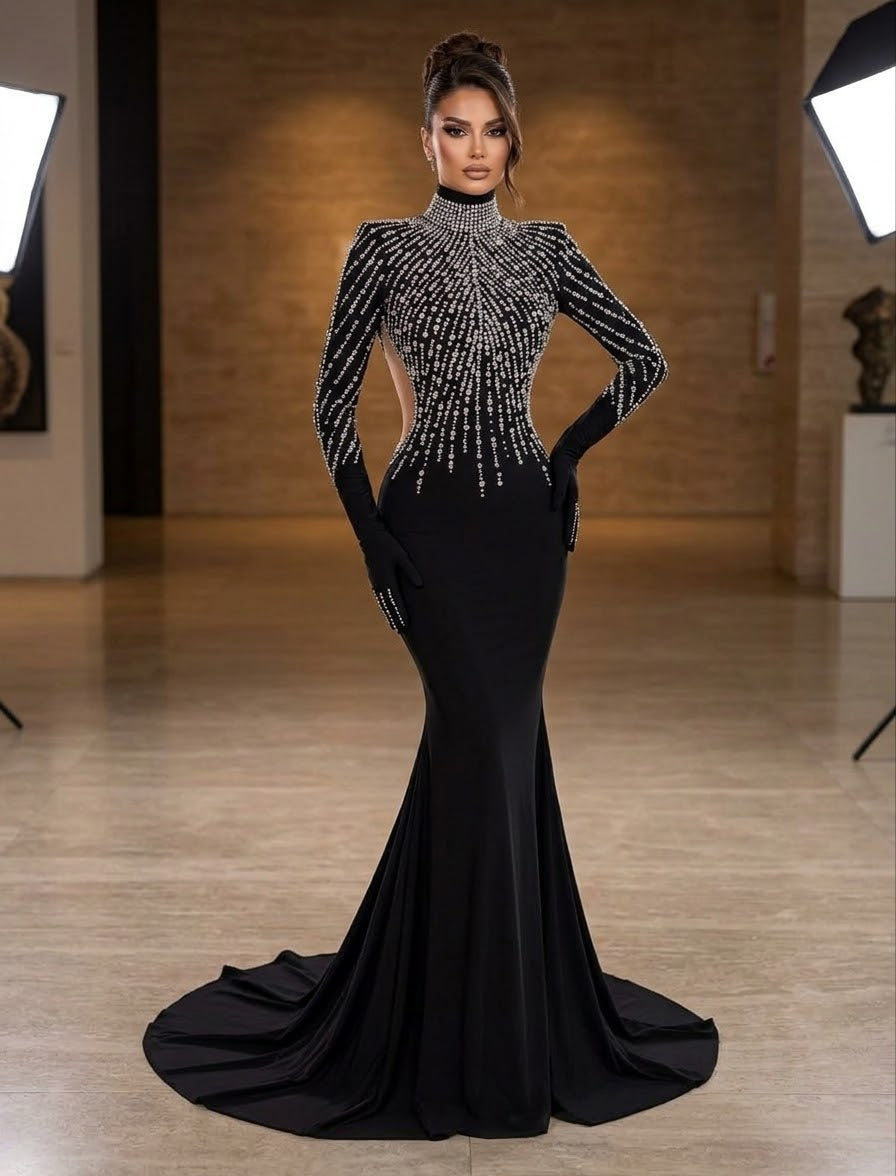 Luxury Black Rhinestone Evening Gown with Gloves, Crystal Embellished Mermaid Dress, High Neck Open Back Formal Gala Dress, Birthday Prom Dress