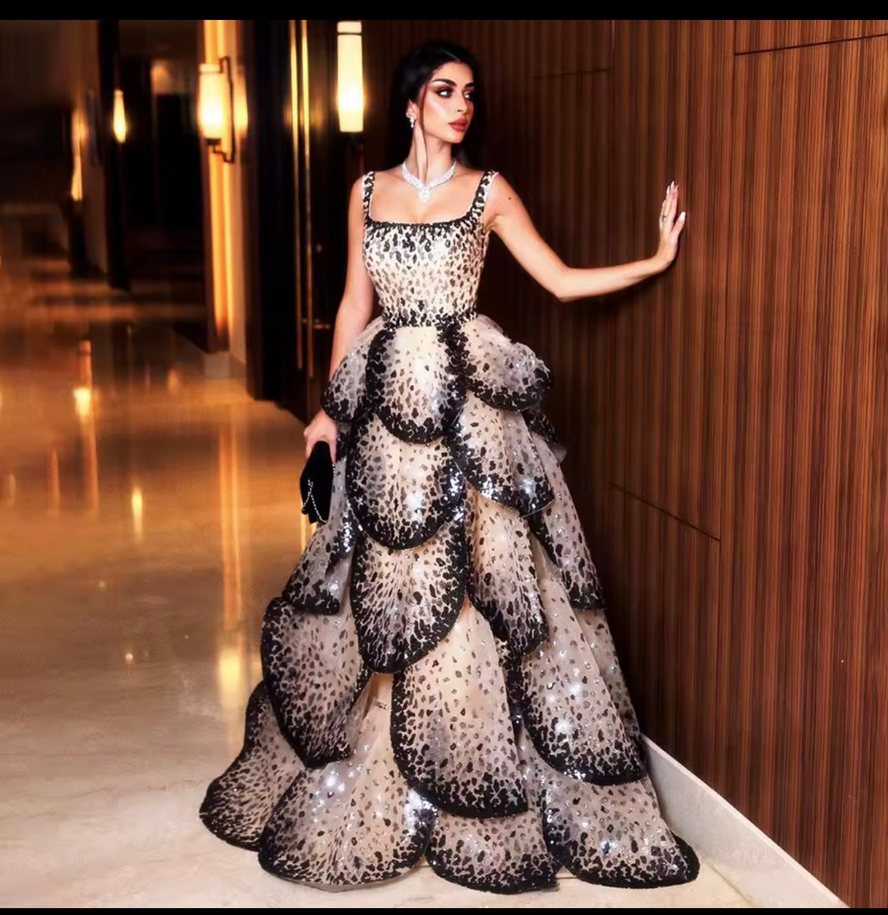 Luxury Leopard Print Tiered Ball Gown - Sweetheart Neck Floor Length Prom Dress JNi3 shop