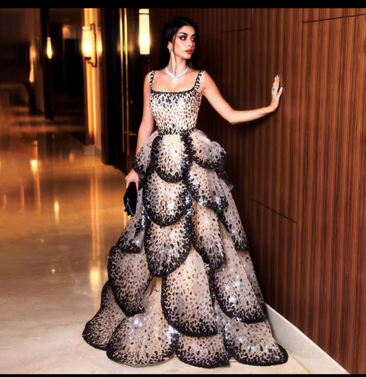 Luxury Leopard Print Tiered Ball Gown - Sweetheart Neck Floor Length Prom Dress JNi3 shop