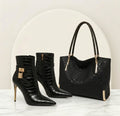 Black Boot and Bag Set | Croc Embossed Ankle Booties or Quilted Over The Knee Boots with Matching Shoulder Bag Set