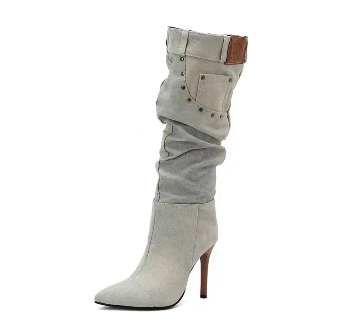 Women's Slouchy Denim Mid-Calf Boots – Pointed Toe Stiletto High Heel